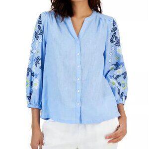 Charter Club Blue Linen Blouse with Floral Printed Sleeves - Size L